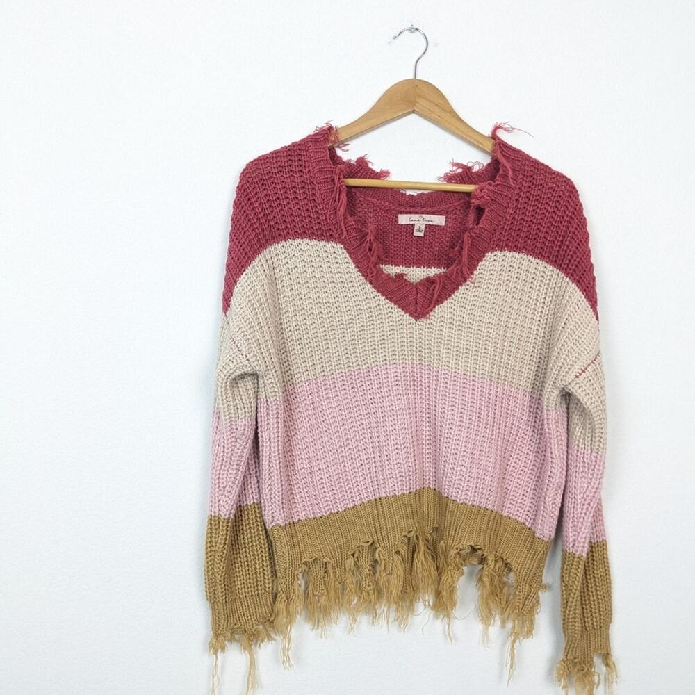 Love Tree Sweater S Pink Combo Colorblock Stripe Distressed V Neck Casual - Picture 3 of 7